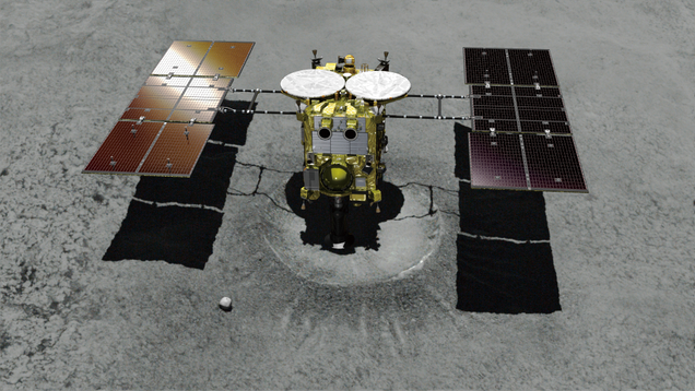 This computer graphic image provided by the Japan Aerospace Exploration Agency (JAXA) shows the Japanese unmanned spacecraft Hayabusa2 approaching the asteroid Ryugu in February.